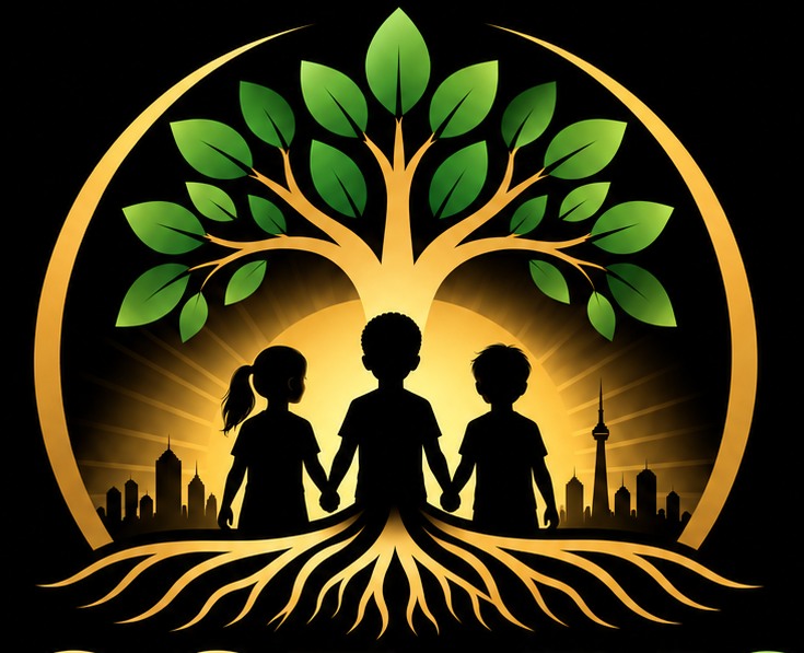 Root & Rise tree emblem with three children standing together beneath its branches